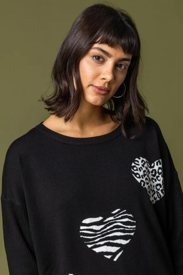 Women Black Animal Heart Print Jumper Roman Knitwear