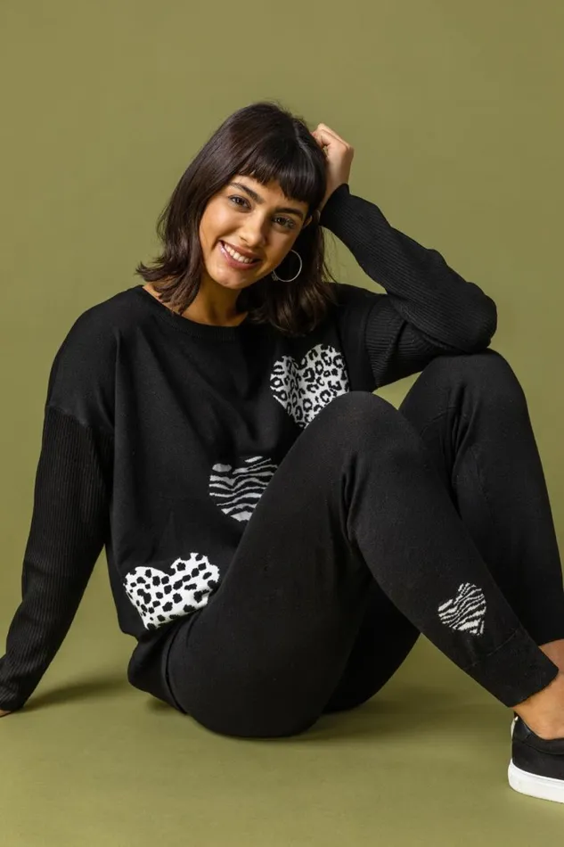 Women Black Animal Heart Print Jumper Roman Knitwear