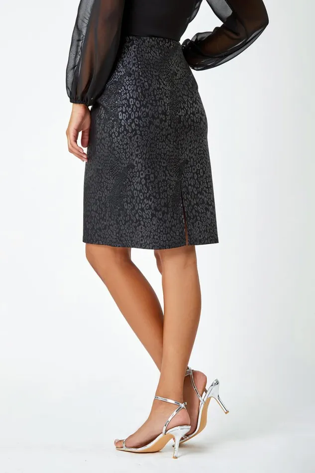 Women Black Animal Print Elastic Waist Pencil Skirt Roman Skirts