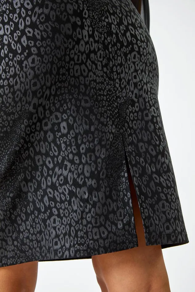 Women Black Animal Print Elastic Waist Pencil Skirt Roman Skirts