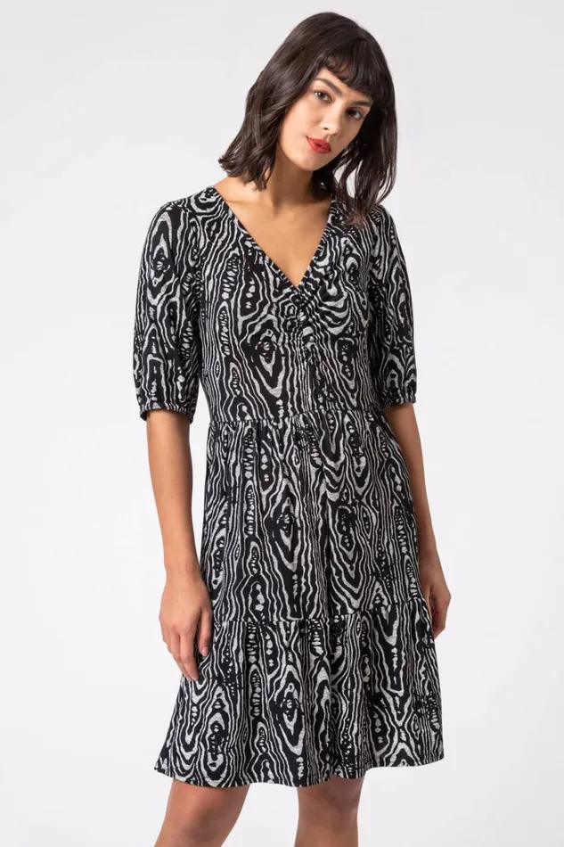Women Black Animal Print Tiered Ruched Detail Dress Roman Dresses