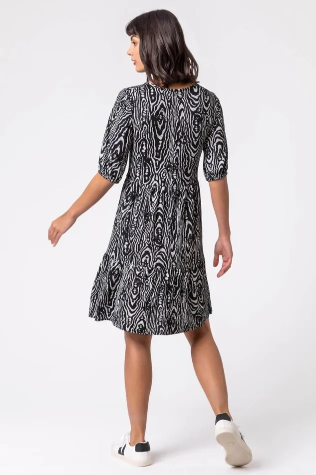 Women Black Animal Print Tiered Ruched Detail Dress Roman Dresses