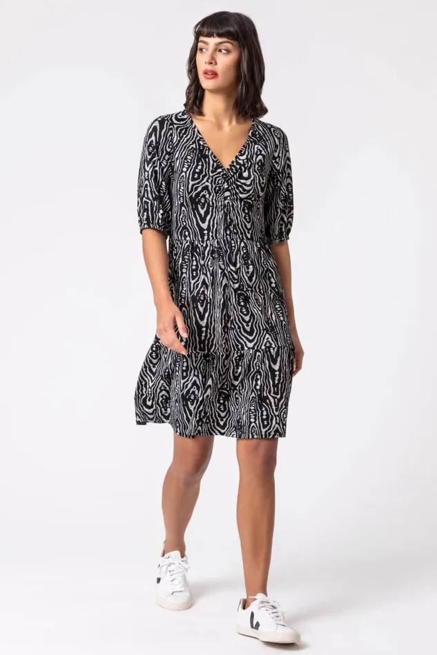 Women Black Animal Print Tiered Ruched Detail Dress Roman Dresses