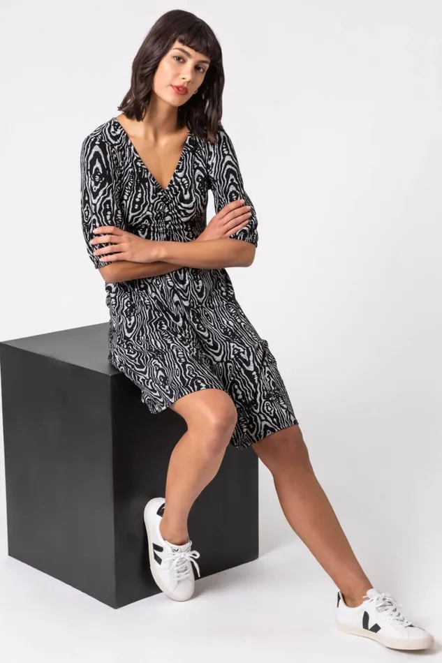 Women Black Animal Print Tiered Ruched Detail Dress Roman Dresses