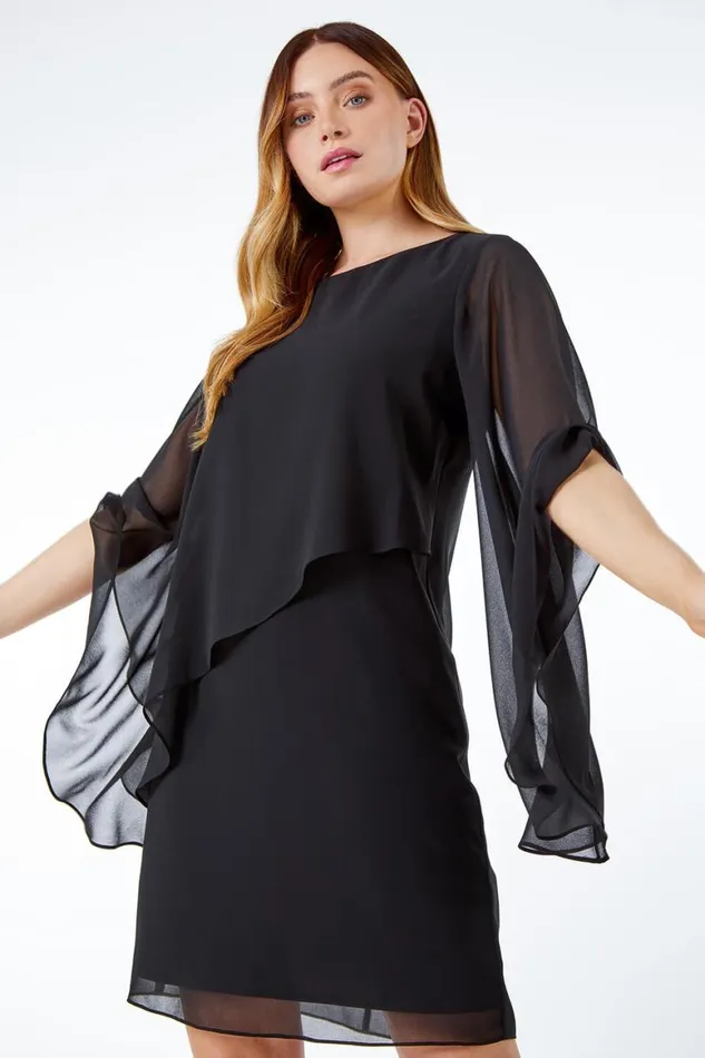 Women Black Asymmetric Chiffon Overlay Shift Dress Roman Dresses