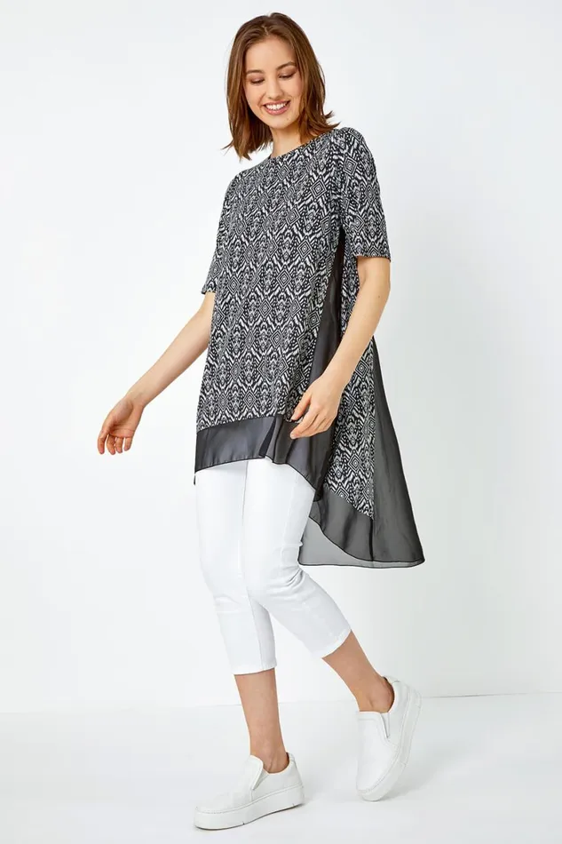 Women Black Aztec Chiffon Hem Stretch Tunic Top Roman Tops