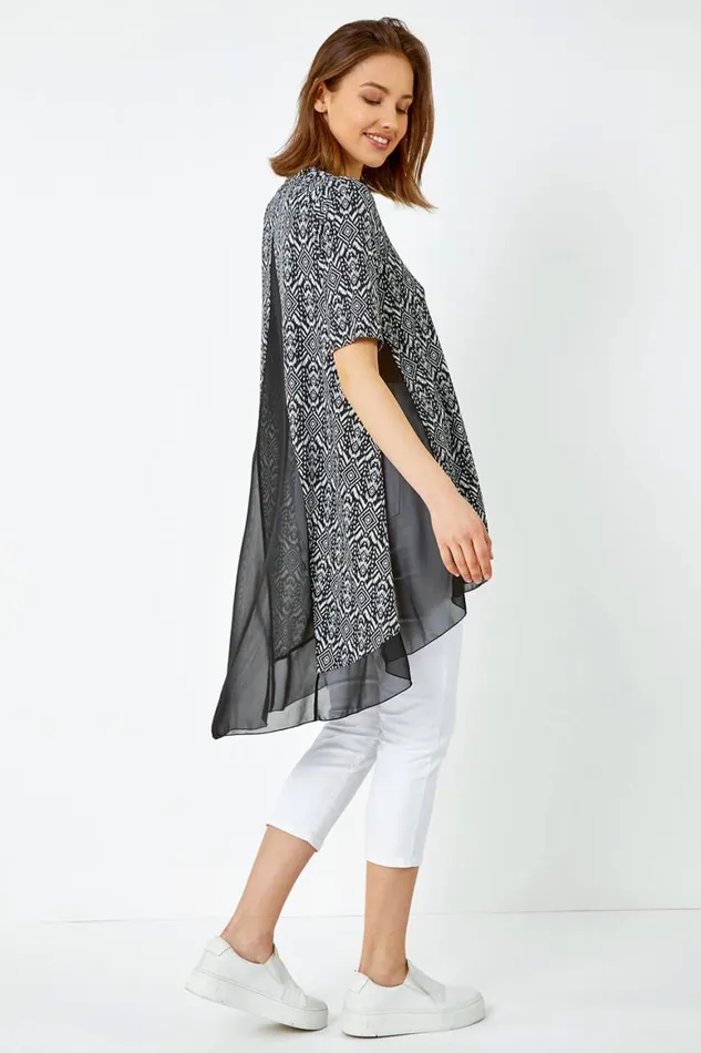 Women Black Aztec Chiffon Hem Stretch Tunic Top Roman Tops