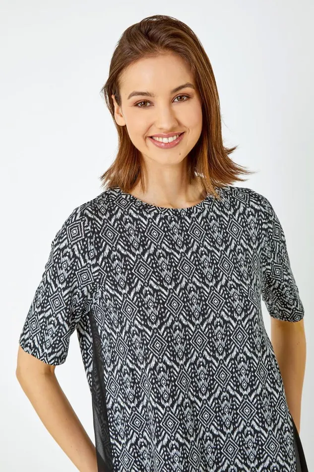 Women Black Aztec Chiffon Hem Stretch Tunic Top Roman Tops