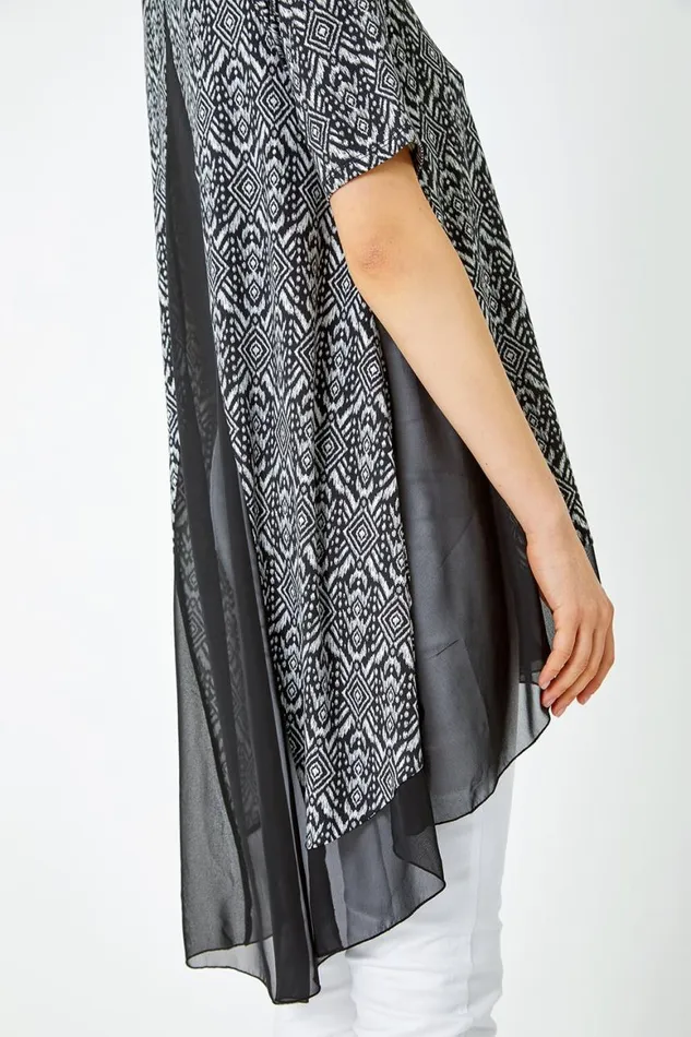 Women Black Aztec Chiffon Hem Stretch Tunic Top Roman Tops