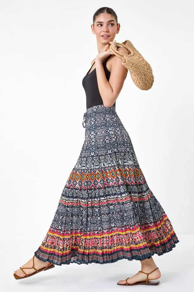 Women Black Aztec Crinkle Cotton Tiered Maxi Skirt Roman Skirts