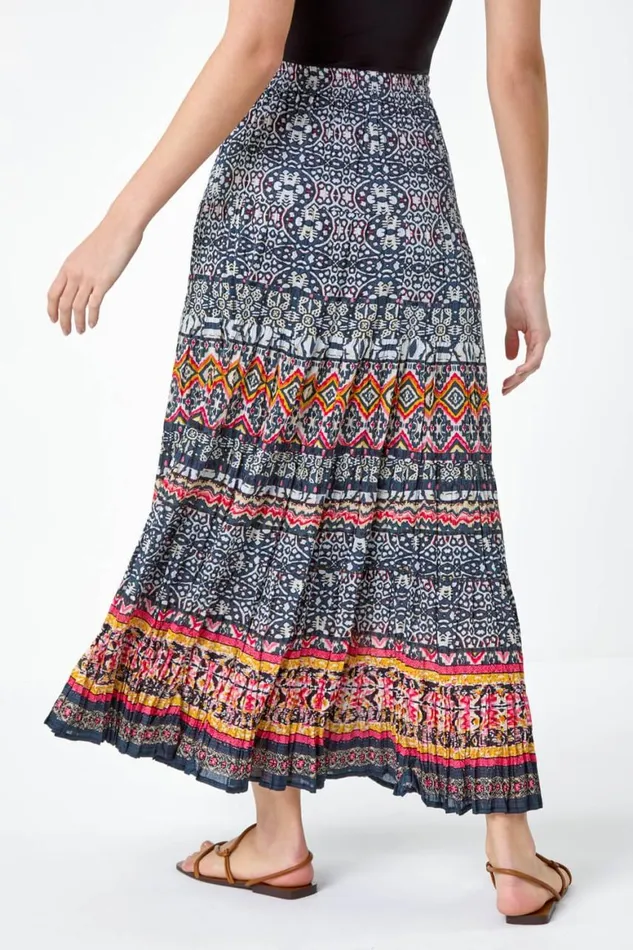 Women Black Aztec Crinkle Cotton Tiered Maxi Skirt Roman Skirts
