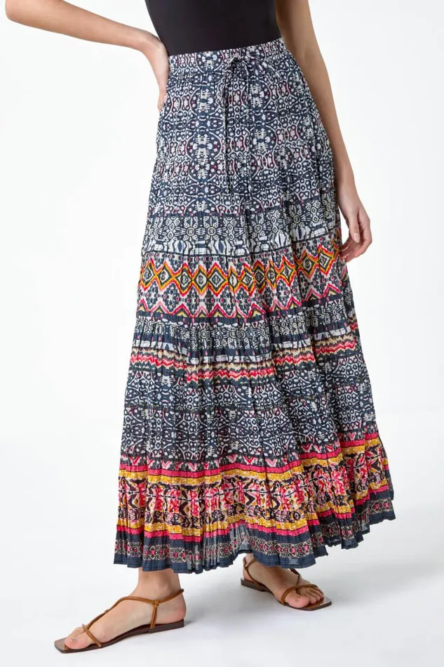 Women Black Aztec Crinkle Cotton Tiered Maxi Skirt Roman Skirts