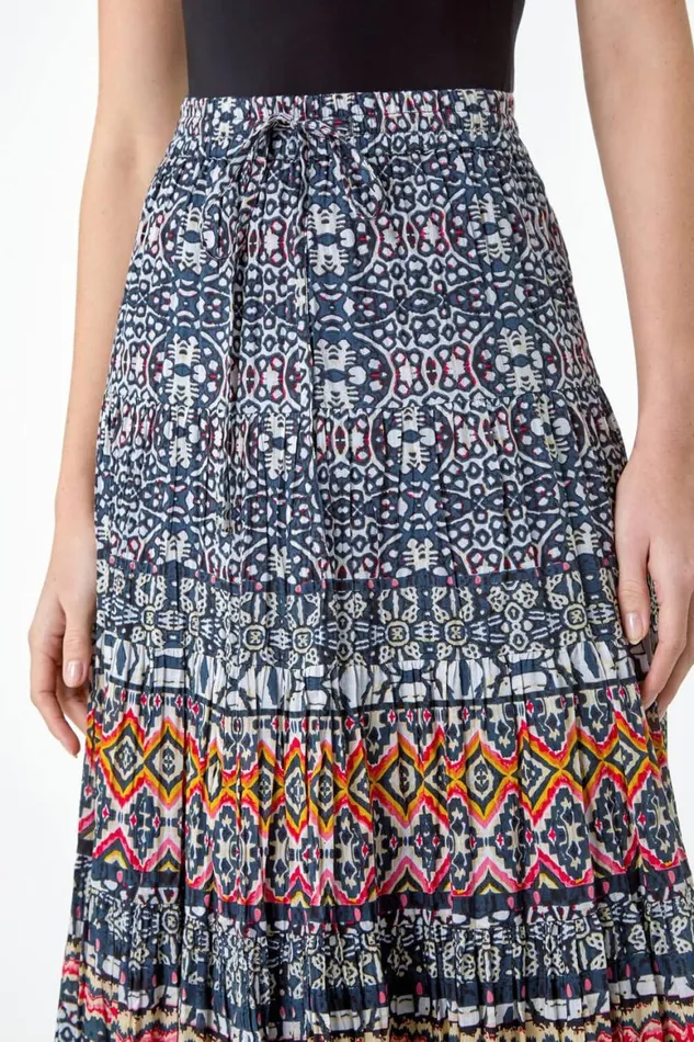 Women Black Aztec Crinkle Cotton Tiered Maxi Skirt Roman Skirts