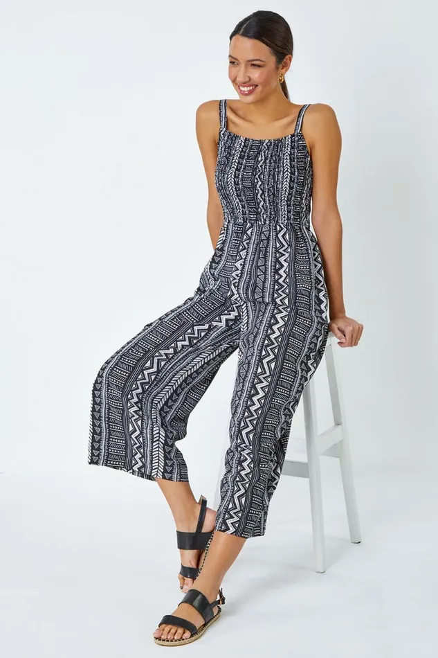 Women Black Aztec Stripe Print Crop Stretch Jumpsuit Roman Dresses