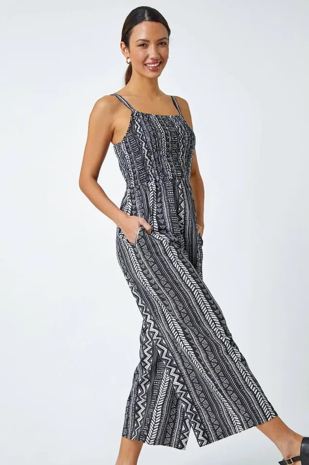 Women Black Aztec Stripe Print Crop Stretch Jumpsuit Roman Dresses