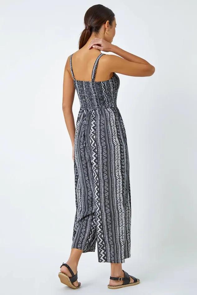 Women Black Aztec Stripe Print Crop Stretch Jumpsuit Roman Dresses