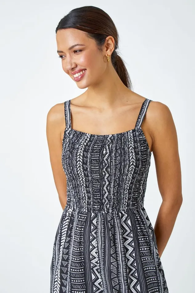 Women Black Aztec Stripe Print Crop Stretch Jumpsuit Roman Dresses