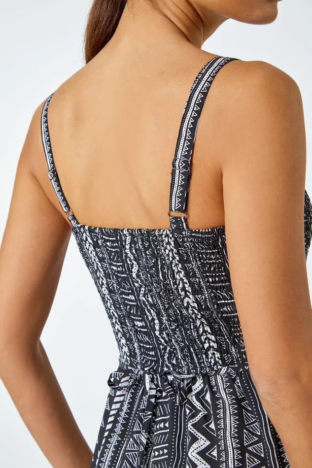 Women Black Aztec Stripe Print Crop Stretch Jumpsuit Roman Dresses