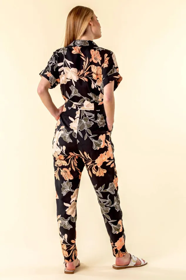 Women Black Belted Floral Print Jumpsuit Roman Dresses