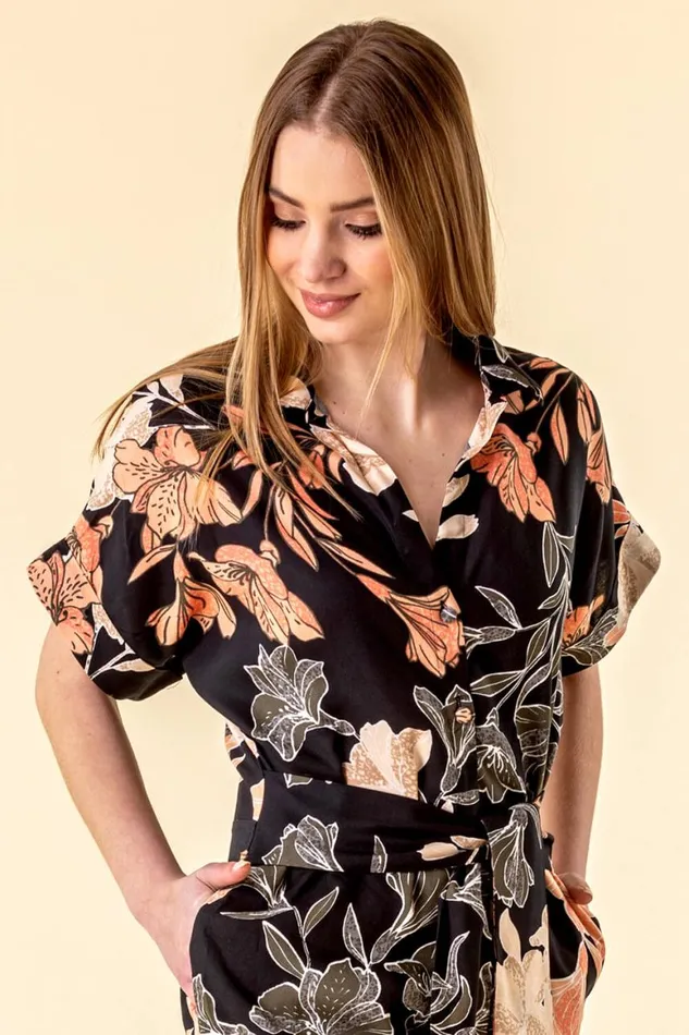 Women Black Belted Floral Print Jumpsuit Roman Dresses