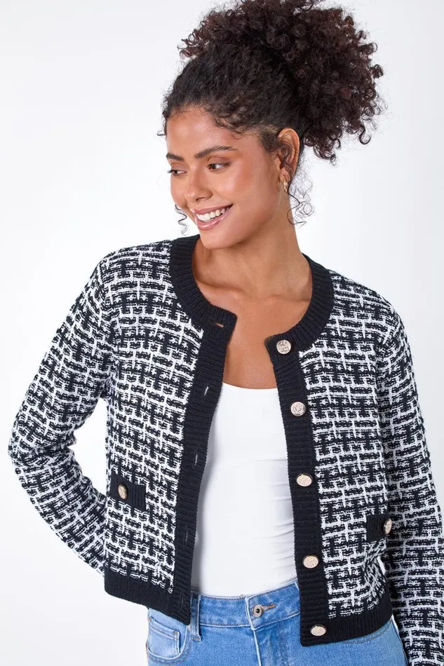 Women Black Boucle Knitted Contrast Cardigan Roman Knitwear