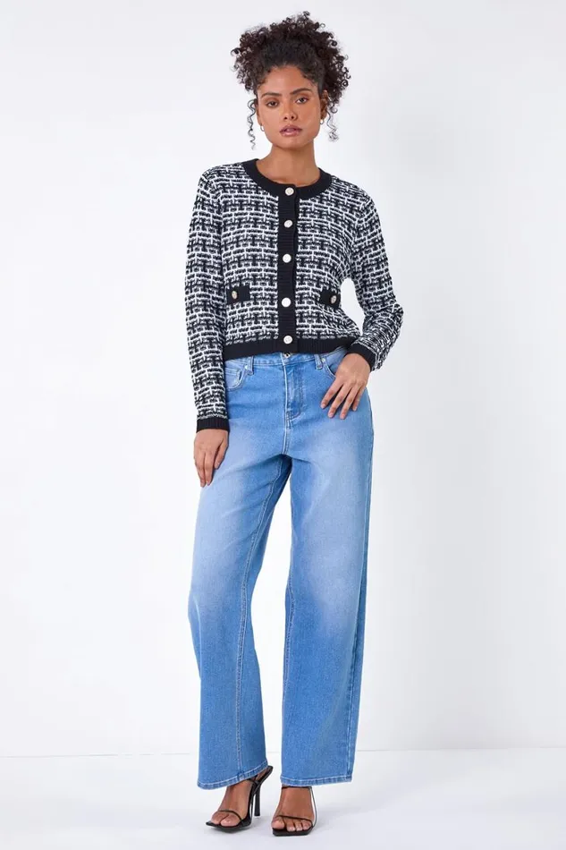 Women Black Boucle Knitted Contrast Cardigan Roman Knitwear