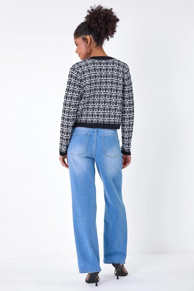 Women Black Boucle Knitted Contrast Cardigan Roman Knitwear