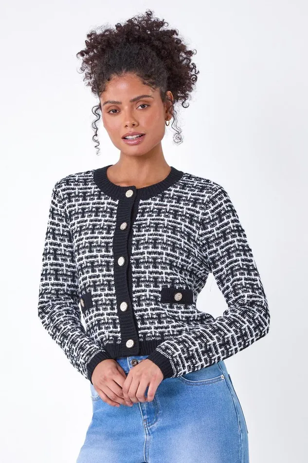 Women Black Boucle Knitted Contrast Cardigan Roman Knitwear
