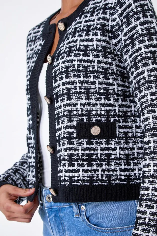 Women Black Boucle Knitted Contrast Cardigan Roman Knitwear