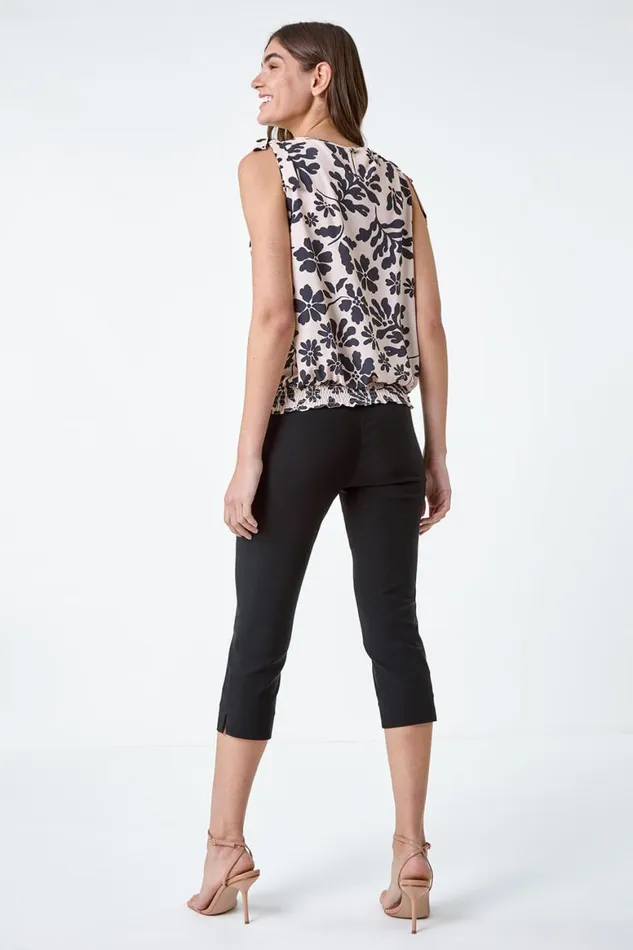 Women Black Bow Detail Floral Shirred Top Roman Tops