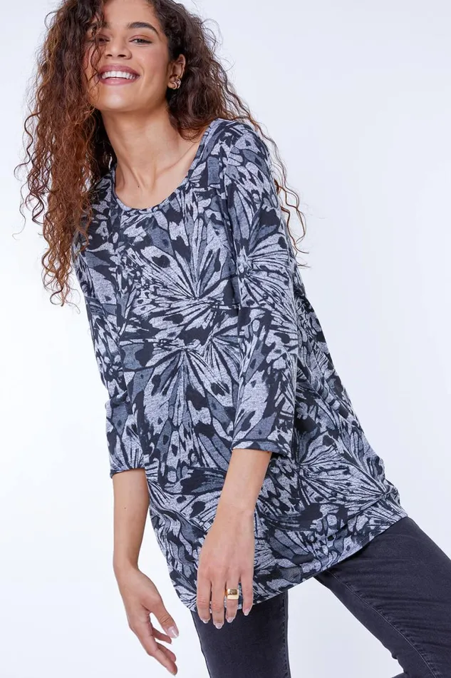 Women Black Butterfly Print Tunic Top With Snood Roman Tops