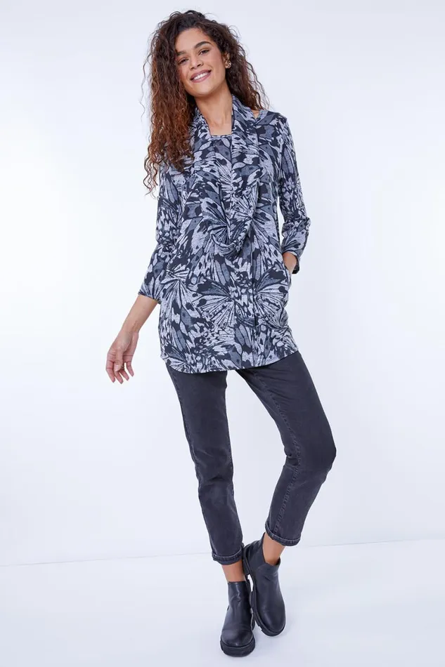 Women Black Butterfly Print Tunic Top With Snood Roman Tops