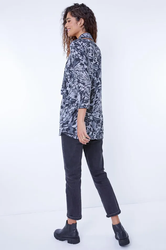 Women Black Butterfly Print Tunic Top With Snood Roman Tops