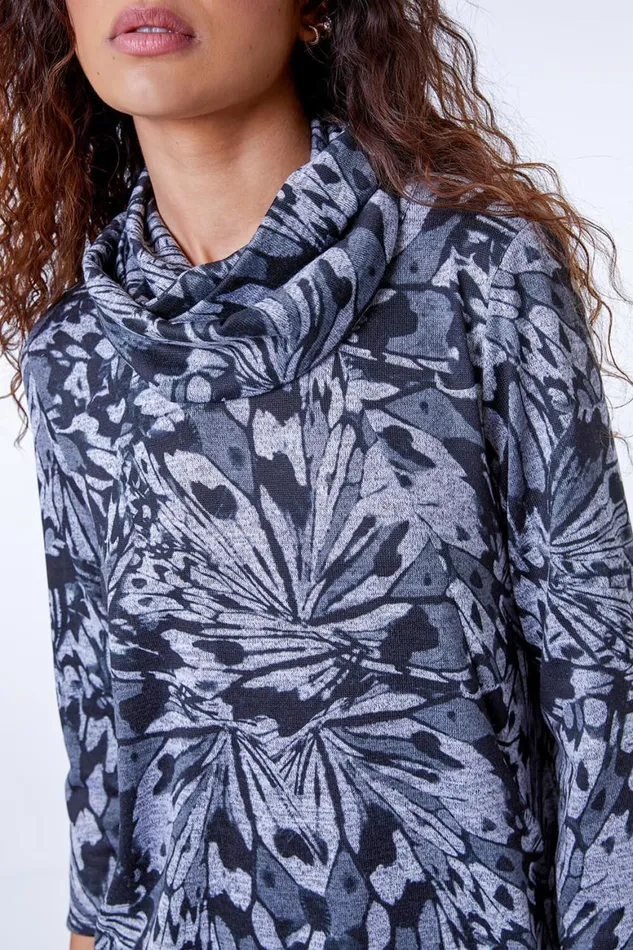 Women Black Butterfly Print Tunic Top With Snood Roman Tops
