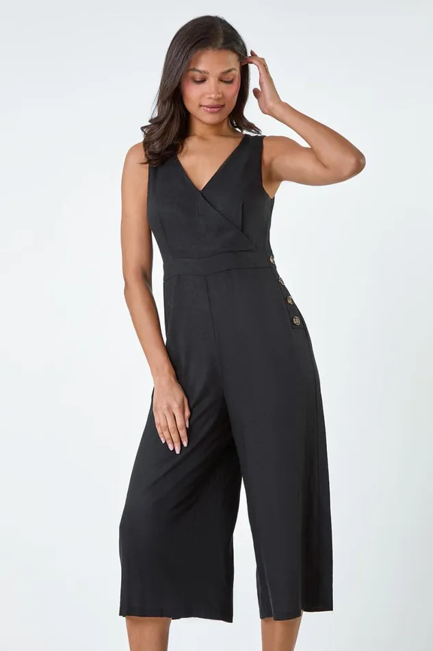 Women Black Button Detail Wrap Culotte Jumpsuit Roman Dresses