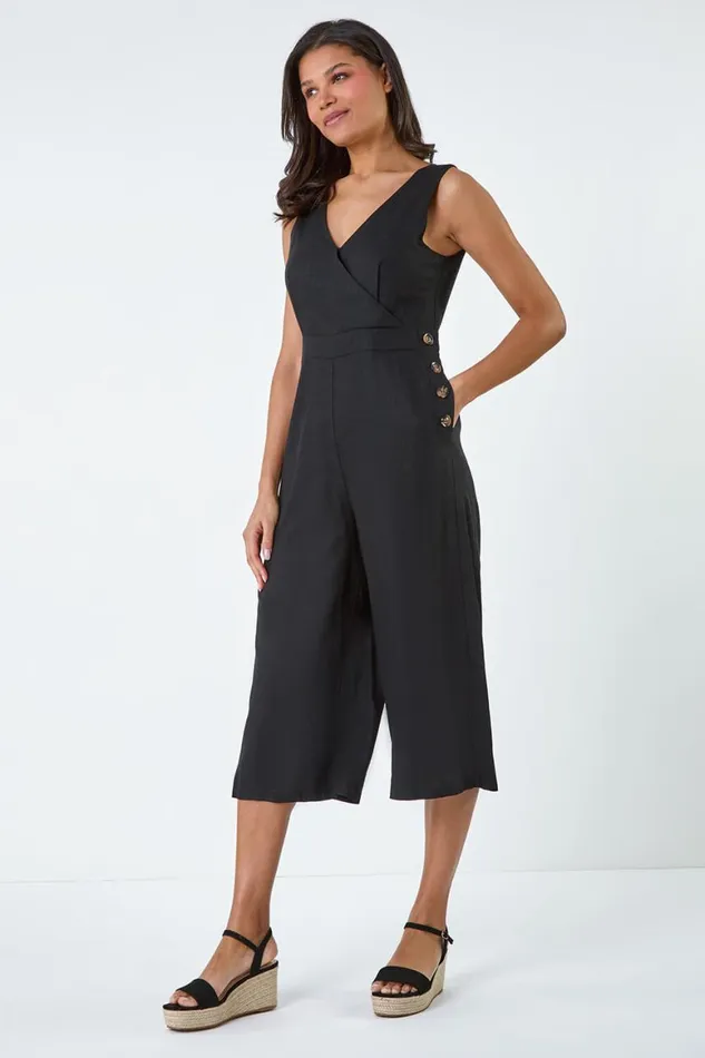 Women Black Button Detail Wrap Culotte Jumpsuit Roman Dresses