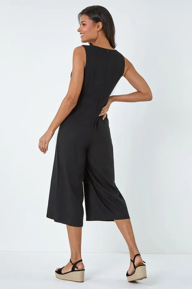 Women Black Button Detail Wrap Culotte Jumpsuit Roman Dresses