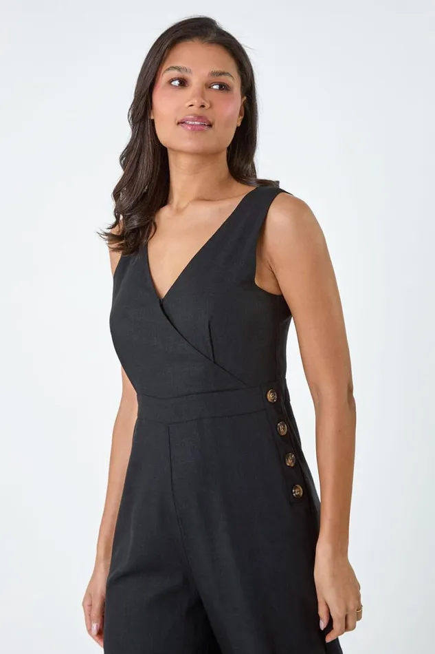 Women Black Button Detail Wrap Culotte Jumpsuit Roman Dresses