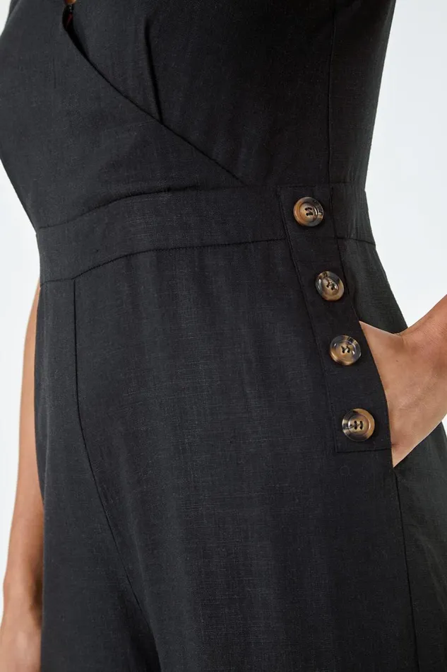 Women Black Button Detail Wrap Culotte Jumpsuit Roman Dresses