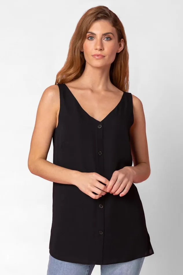 Women Black Button Front Sleeveless Top Roman Tops