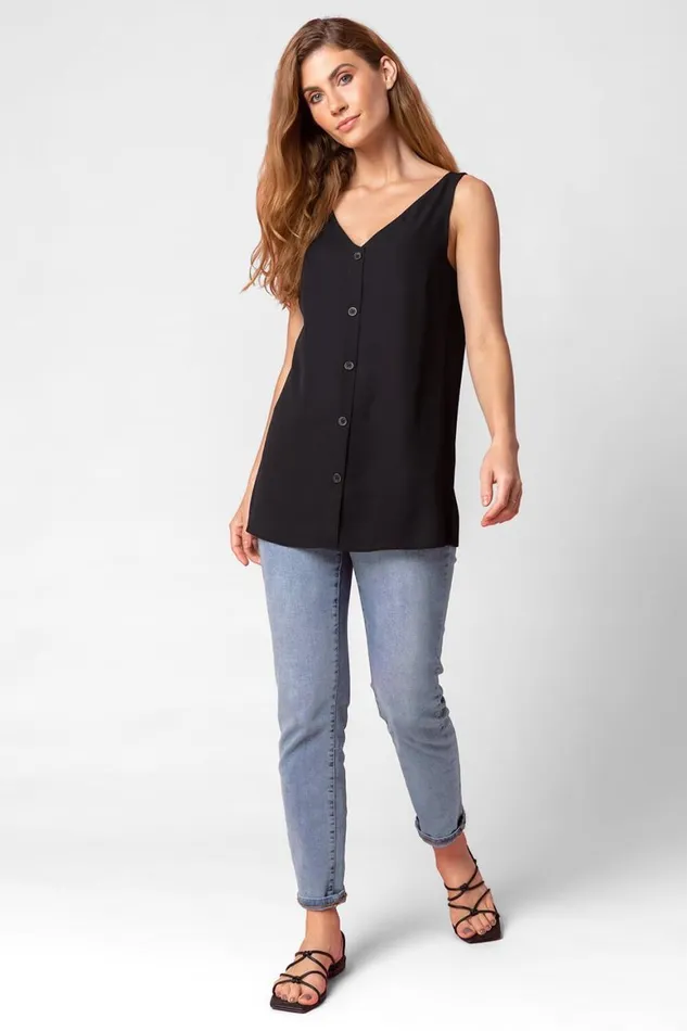 Women Black Button Front Sleeveless Top Roman Tops