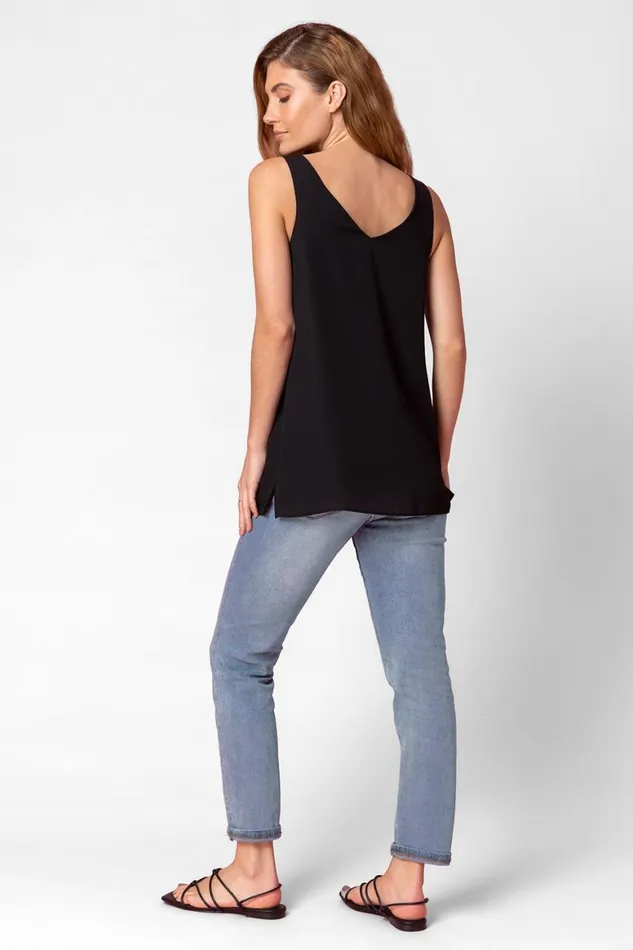 Women Black Button Front Sleeveless Top Roman Tops