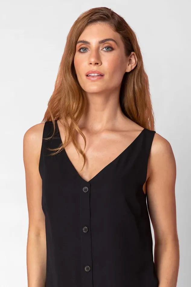 Women Black Button Front Sleeveless Top Roman Tops