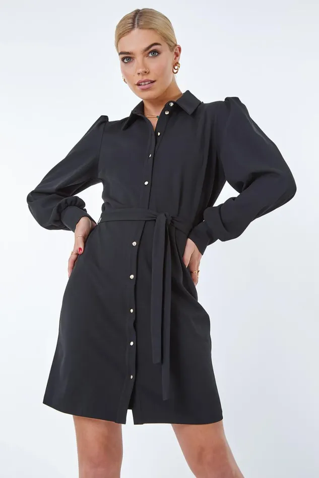 Women Black Button Through Belted Shirt Dress Roman Dresses