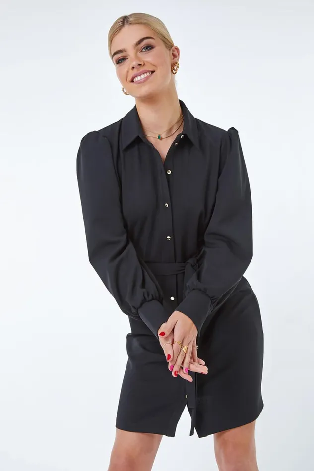 Women Black Button Through Belted Shirt Dress Roman Dresses