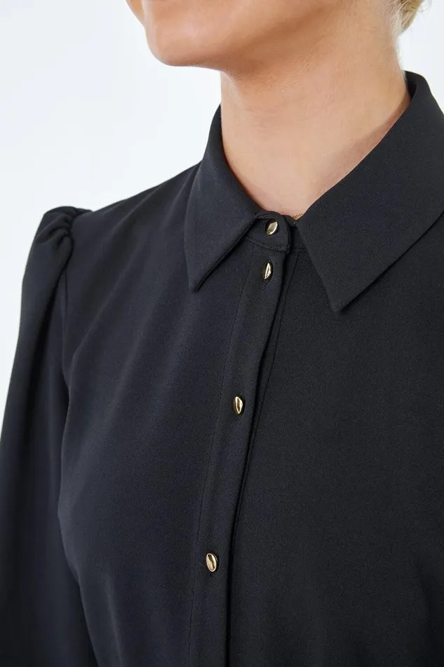 Women Black Button Through Belted Shirt Dress Roman Dresses