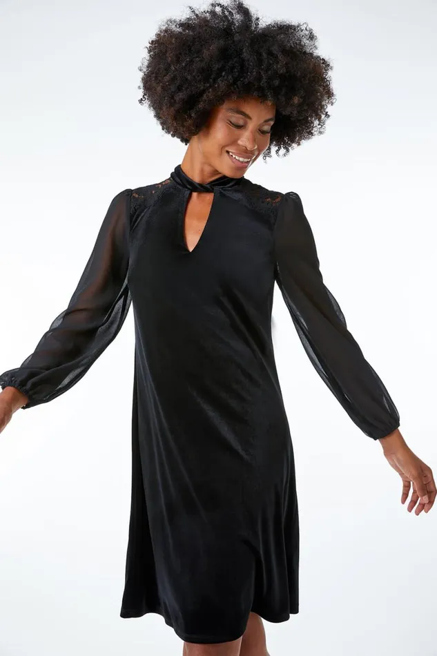 Women Black Chiffon Shoulder Velvet Lace Trim Swing Dress Roman Dresses