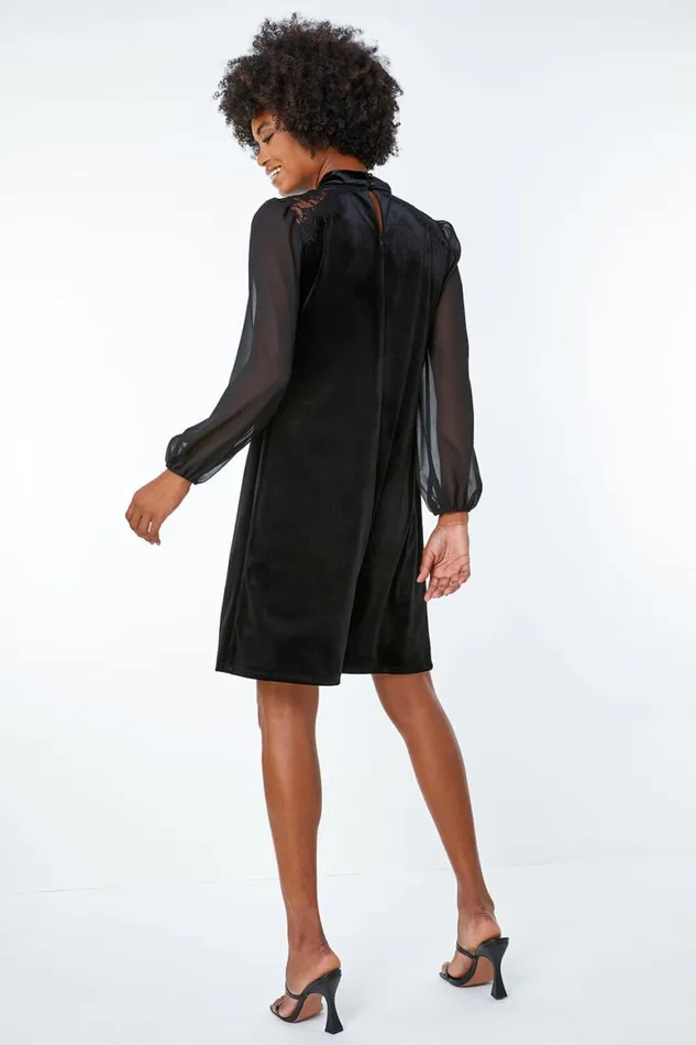 Women Black Chiffon Shoulder Velvet Lace Trim Swing Dress Roman Dresses