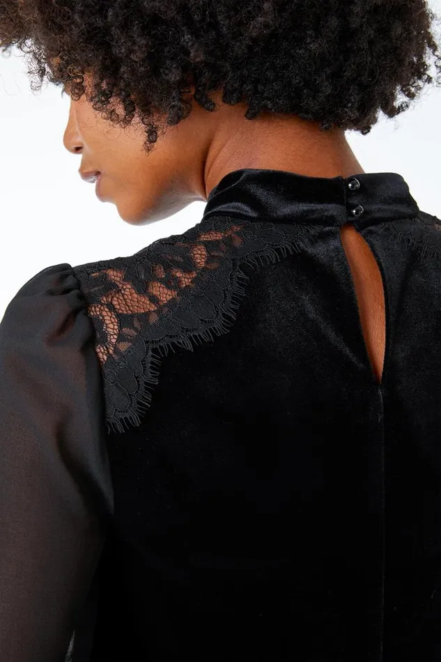 Women Black Chiffon Shoulder Velvet Lace Trim Swing Dress Roman Dresses