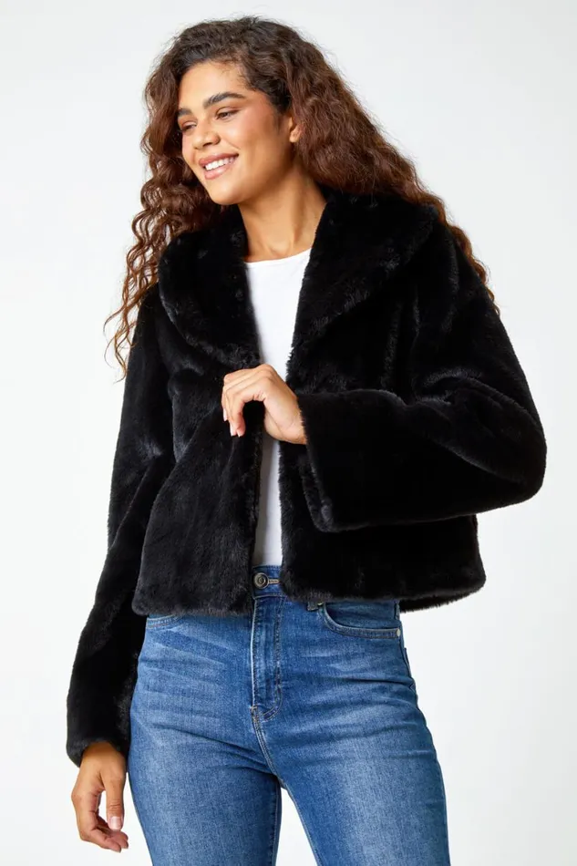 Women Black Collared Faux Fur Coat Roman Coats